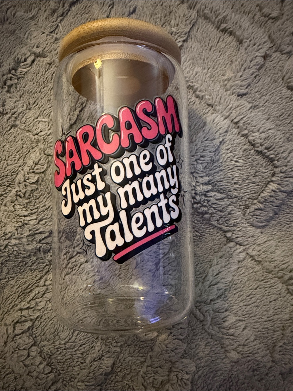 Clear Glass Jar with Pink Sarcasm Text - Home Dining Drinkware 16oz